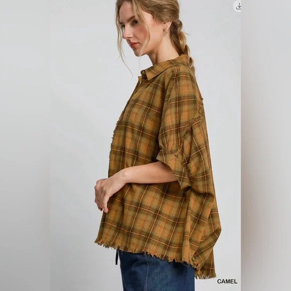 Umgee Oversized Olive Plaid Button-Down Shirt with raw hem. - Picture 4 of 5
